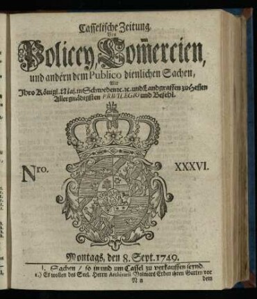Nro. XXXVI, Montags, den 8. Sept. 1749