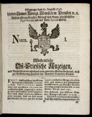 Num. 1. Montags den 21. Augusti 1747.