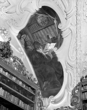 "Vera sapientia demonstratur", Allegorien der Weisheit mit Bezug auf die Klosterbibliothek — Schreibender Gelehrter: "Studio et vigilantia"