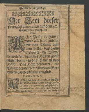 Der Text dieser Predigt genommen auß dem 40. Capitel des Propheten Esaiae.