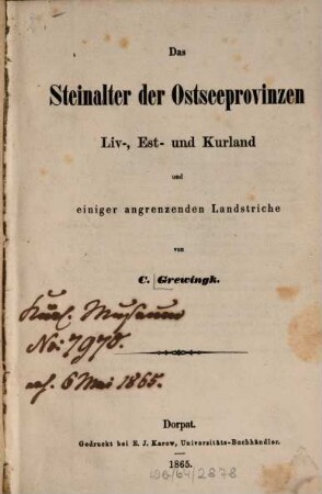 Das Steinalter der Ostseeprovinzen Liv-, Est- und Kurland und einiger angrenzenden Landstriche