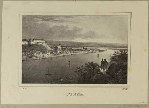 Stadtansicht von Pirna mit dem Sonnenstein und der Marienkirche von Nordosten über die Elbe, aus der Zeitschrift Saxonia 1835