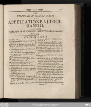 XXI. Disputatio Inauguralis De Appellatione A Iure Iurando. Respondente Iohanne Henrico Hochstettero, Stuttgardiano. Anno 1703.