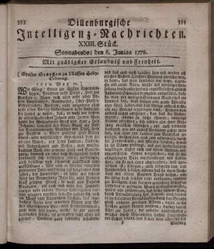 XXIII. Stück. Sonnabends: den 6. Junius 1778.