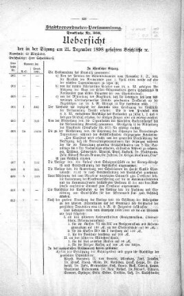 Uebersicht der in der Sitzung am 21. Dezember 1898 gefassten Beschlüsse., 21. Dezember 1898