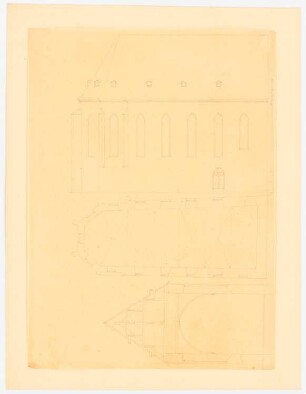 Johanniterkapelle, Frankfurt/Main: Seitenansicht von außen, Grundriss, Querschnitt, 1:120, Maßstabsleiste (Rheinl. Fuß)