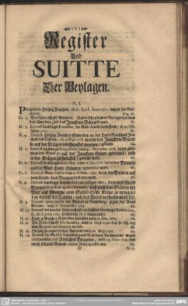 Register Und Suitte Der Beylagen