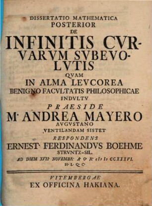 Dissertatio Mathematica Posterior De Infinitis Cvrvarvm Svbevolvtis