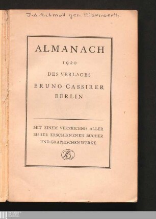 1: Almanach Almanach Bruno Cassirer Almanach ... des Verlages Bruno Cassirer Berlin : auf das Jahr ...