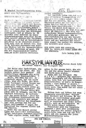 Maksymilian Kolbe : 8. Januar 1894 - 1. bis 14. August 1941