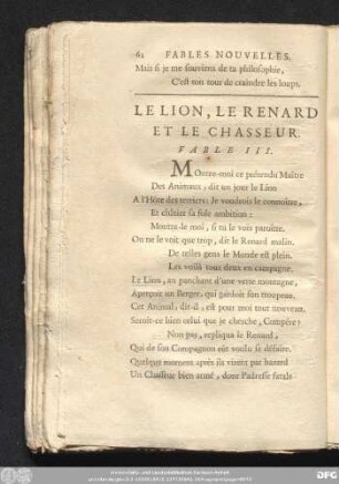 Le Lion, Le Renard Et Le Chasseur. Fable III.