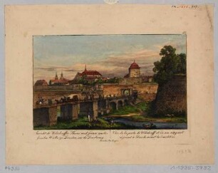 Das Wilsche Tor (Wilsdruffer Tor) an Stelle des heutigen Postplatzes in Dresden vor seiner Beseitigung 1811, Blick nach Nordosten