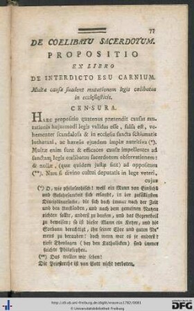 De Coelibatu Sacerdotum Propositio Ex Libro De Interdicto Esu Carnium.