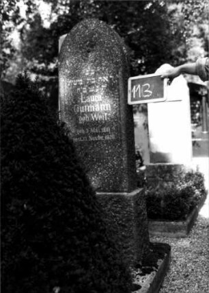 Grabstein 113 (Index: 100109854) Material: Granit Zustand: gut Maße HxBxT: 153x44x17 cm Beschreibung: Stele, Sockel, Rundbogenabschluß Symbolik: Blüte: Grabstein 113