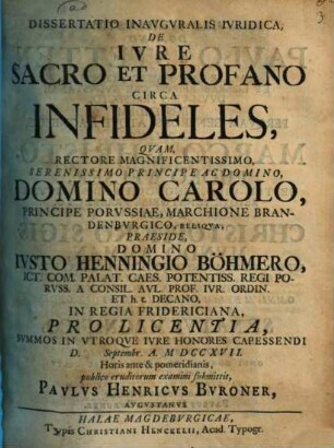 Diss. inaug. iur. de iure sacro et profano circa infideles