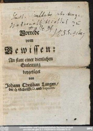 Vorrede vom Gewissen: An statt einer dienlichen Einleitung beygefüget von Johann Christian Langen, der H. Schrifft. D. und Superint.