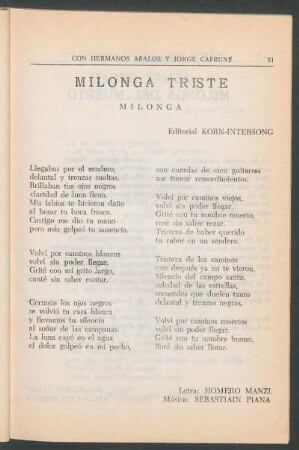 Milonga triste : Milonga. - Editorial Korn-Intersong