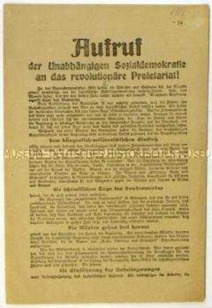 Flugblatt der USPD zur politischen Situation in Deutschland Anfang 1919 und Aufruf zum Beitritt