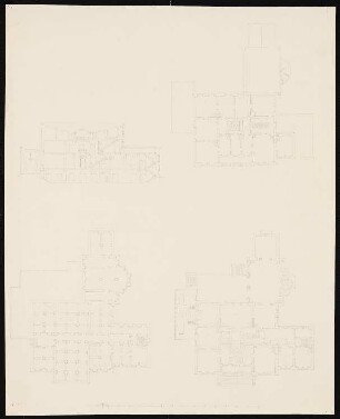 Dreigeschossiges Schloss mit eingeschossigem Seitentrakt: Grundriss Keller-, Erd- und Obergeschoss