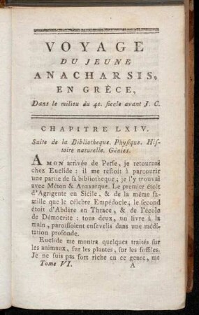 Chapitre LXIV. Suite de la Bibliotheque. Physique. Histoire naturelle. Génies.