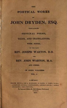 The poetical works of John Dryden : containing original poems, tales, and translations, with notes. 1
