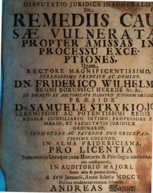 Dissertatio juridica inauguralis de remediis causae vulneratae propter amissas in processu exceptiones