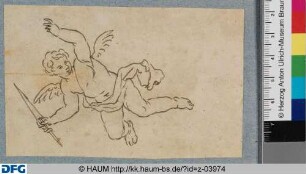 Schwebender Putto ein Messer in der rechten Hand haltend