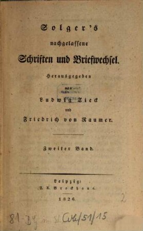 Solger's nachgelassene Schriften und Briefwechsel. 2