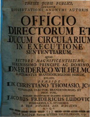 Theses Juris Publici, Oppositae Dissertationi Anonymi Autoris De Officio Directorum Et Ducum Circularium In Executione Sententiarum