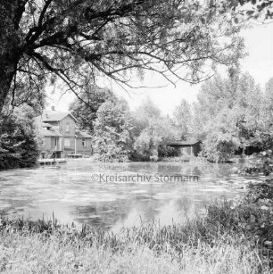 Mühlenteich: links Baum: an Uferböschung Gräser: am gegenüberliegenden Ufer Bäume: hinten links Mühle: hinten rechts Schuppen