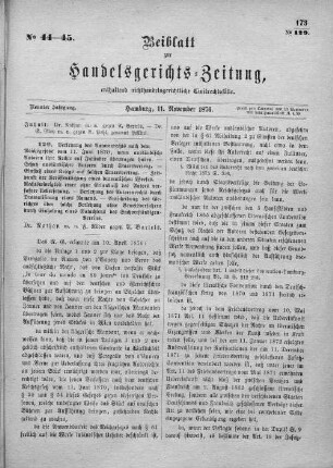 Beiblatt zur hamburgischen Handelsgerichts-Zeitung No. 44-45. Neunter Jahrgang. Hamburg, 11. November 1876.