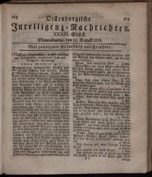 XXXIII. Stück. Sonnabends: den 15. August 1778.
