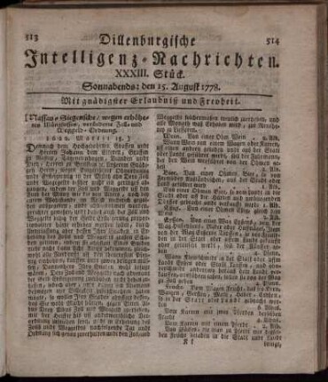 XXXIII. Stück. Sonnabends: den 15. August 1778.