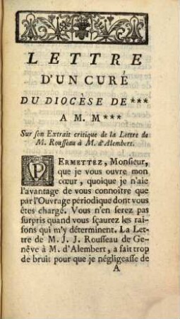Lettre d'un curé ... sur son Extrait critique de la lettre de M. Rousseau à M. d'Alembert