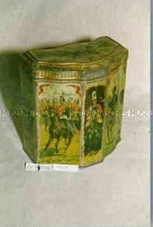 Blechdose, geschweift, für Gebäck "HUNTLEY UND PALMERS BISCUIT MANUFACTURERS READING UND LONDON" (Abbildung von Armeereitern)