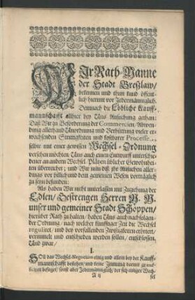 Wir Rath-Manne der Stadt Breszlaw/ bekennen und thun kund öffentlich hiermit vor Jedermänniglich ...