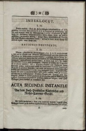 Acta Secundae Instantiae. Vor dem Hoch-Preißlichen Käyserlichen und Reichs-Cammer-Gericht.