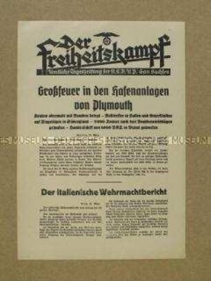 Nachrichtenblatt der Tageszeitung der NSDAP Sachsen "Der Freiheitskampf" über den deutschen Bombenangriff auf London