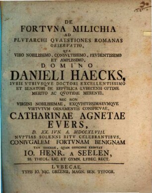 De fortuna Milichia, ad Plutarchi Quaestiones Roman. observatio