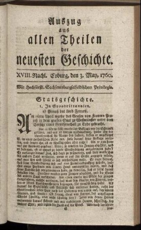 XVIII. Nachl. Coburg, den 3. May. 1760.
