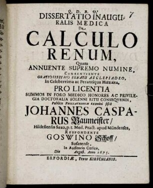 Dissertatio Inauguralis Medica De Calculo Renum