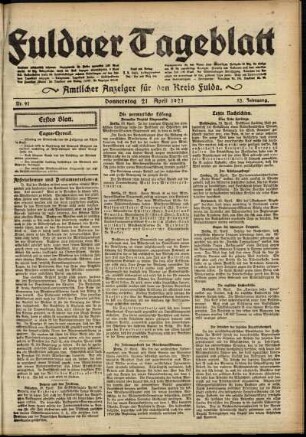 Erste Ausgabe vom Donnerstag, den 21. April 1921.