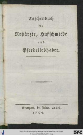 Taschenbuch für Roßärzte, Hufschmiede und Pferdeliebhaber