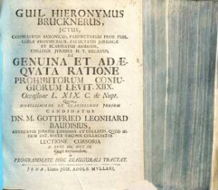 De genuina et adaeqvata ratione prohibitorum coniugiorum Levit. XIIX. : occasione L. XIX. C. de nupt.