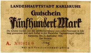Geldschein / Notgeld, 500 Mark, 21.9.1922