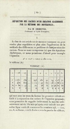 Séparation des racines d´une éguation algébrique par la méthode des différences.