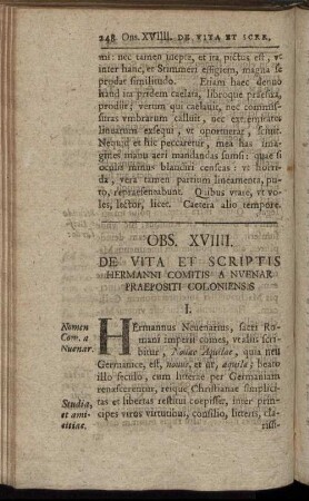 Obs. XVIIII. De Vita Et Scriptis Hermanni Comitis A Nuenar Praepositi Coloniensis