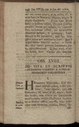Obs. XVIIII. De Vita Et Scriptis Hermanni Comitis A Nuenar Praepositi Coloniensis