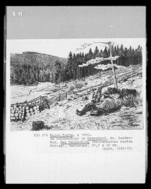 Der Waldschlag (Waldarbeiter machen Mittag; im Goldbachtal in Hermsdorf, Kreis Landeshut)