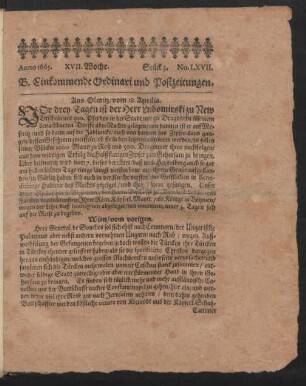 Anno 1665. XVII. Woche. Stück 3. No. LXVII.
